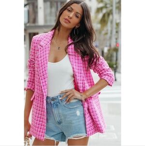Fate size L Tweed Blazer Women's Pink Large jacket pockets NWT lined